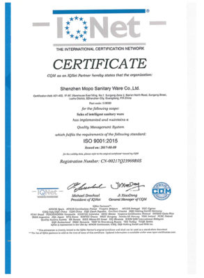 Smart Toilet Product ISO 9001 certificate file